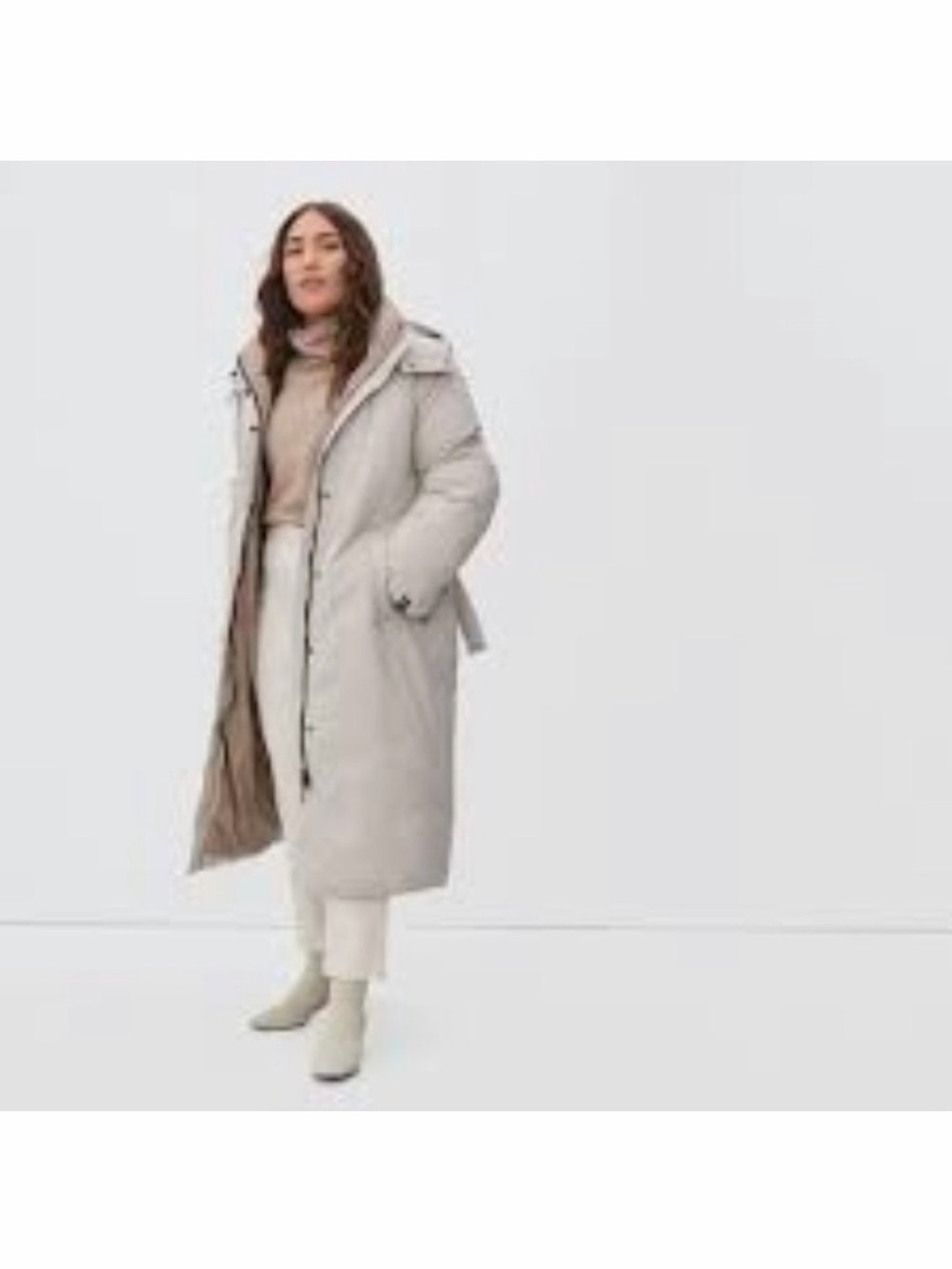 Everlane “The Down Puffer” Long Hooded Puffer Coat in Cream